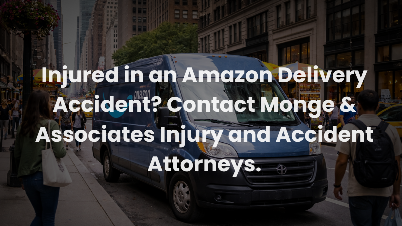 Amazon delivery van in a busy city street, representing injuries handled by an Amazon delivery accident attorney at Monge & Associates.