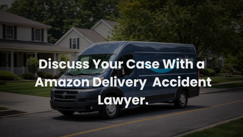 Amazon delivery van driving through a residential neighborhood, encouraging victims to discuss their case with an Amazon delivery accident lawyer.