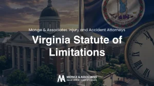 Virginia Courthouse with Virginia flag and clock with words "Virginia Statute of Limitations"