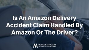 person sitting in the driver's seat of a vehicle looking distressed or in pain, holding their neck. Overlaid text reads, "Is An Amazon Delivery Accident Claim Handled By Amazon Or The Driver?"