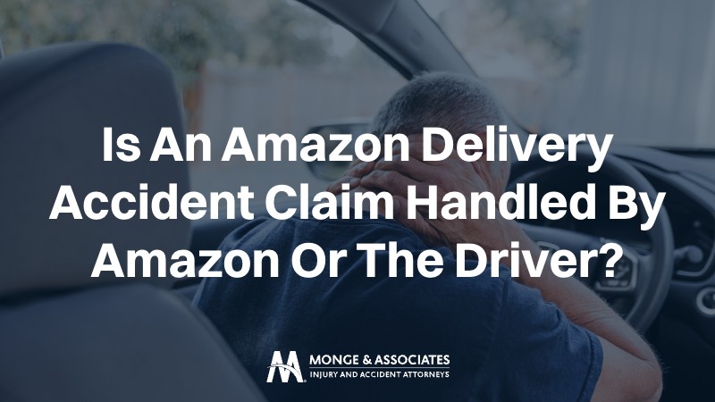 person sitting in the driver's seat of a vehicle looking distressed or in pain, holding their neck. Overlaid text reads, "Is An Amazon Delivery Accident Claim Handled By Amazon Or The Driver?"