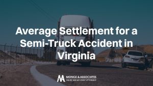 text overlay reading "Average Settlement for a Semi-Truck Accident in Virginia" in white, bold lettering centered on the screen. The background features a image of a large semi-truck traveling on a Virginia highway.