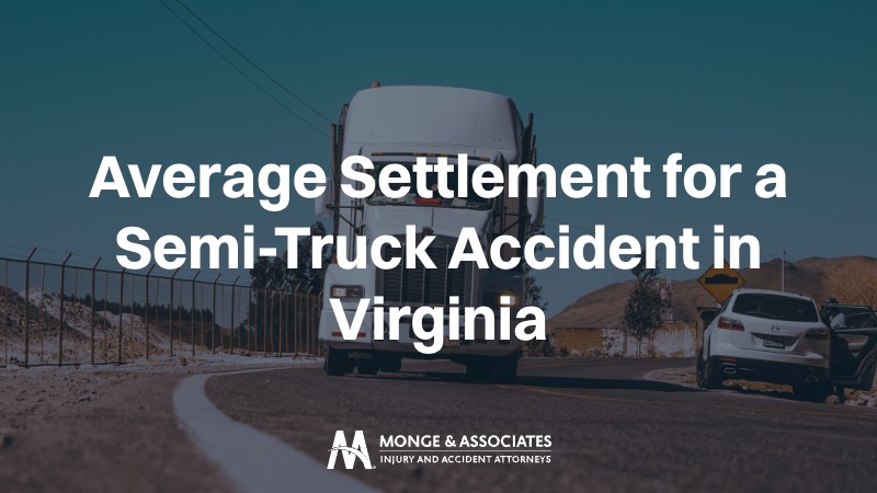 text overlay reading "Average Settlement for a Semi-Truck Accident in Virginia" in white, bold lettering centered on the screen. The background features a image of a large semi-truck traveling on a Virginia highway.