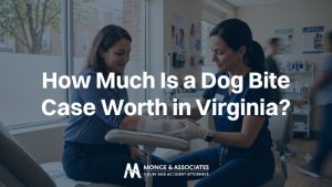 healthcare professional in blue scrubs carefully applying a white gauze bandage or supportive wrap around a patient's lower forearm from a Virginia Dog bite