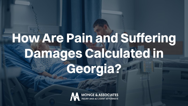 A doctor speaks with a patient in a hospital room, with text explaining how a personal injury attorney calculates pain and suffering damages for an Atlanta injury claim.