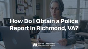 A woman sits at a desk after a Richmond car accident looking at a laptop while holding a document, overlaid with the text "How Do I Obtain a Police Report in Richmond, VA?".