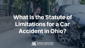 recent Cincinnati car accident victim analyzing damage to car and on the phone with insurance with text overlay "What Is The Statute of Limitations for a Car Accident in Ohio"