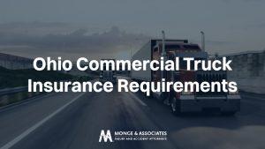 semi-truck driving on a highway with the text 'Ohio Commercial Truck Insurance Requirements'